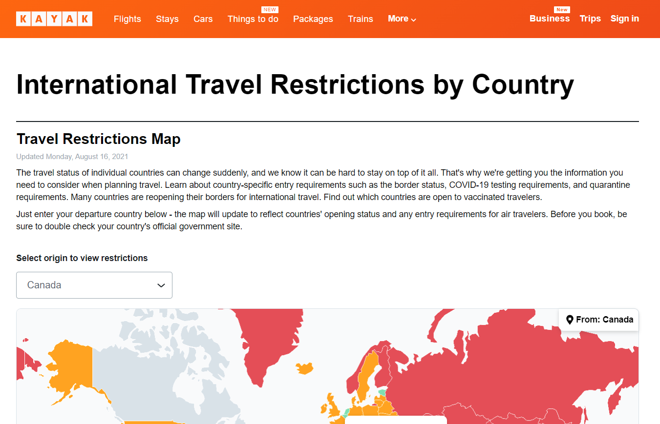 Kayak travel restrictions map